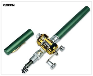 Planet Gates Green Portable Pocket Telescopic Mini Fishing Rod Pole Pen Shape Folded Fishing Rod With Reel Wheel For Outdoor River Lake Fishing
