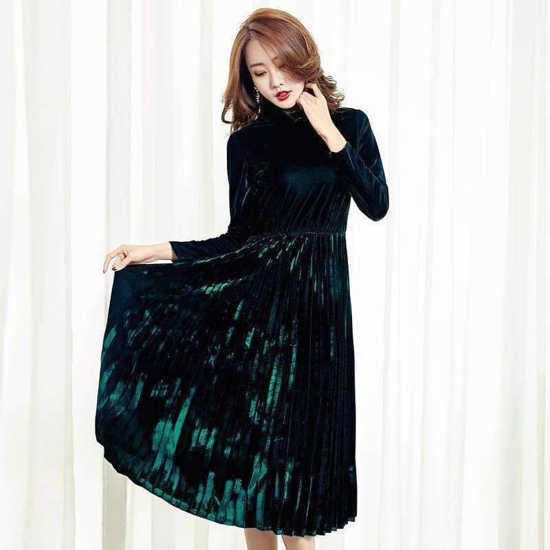 Planet Gates green / S Autumn Winter Gold Velvet Party Events Dress Female Velours Vintage Turtlenck High Waist Pleated jurk vestido muje