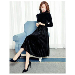 Planet Gates green / S Autumn Winter Gold Velvet Party Events Dress Female Velours Vintage Turtlenck High Waist Pleated jurk vestido muje