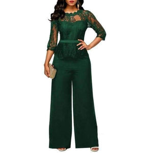 Planet Gates green / S Jumpsuits for women Sexy High Waist Palazzo 3/4 Sleeve One Piece Lace Peplum Jumpsuit With Long Wide Leg Pant Three Quarter