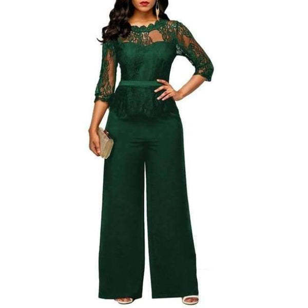 Planet Gates green / S Jumpsuits for women Sexy High Waist Palazzo 3/4 Sleeve One Piece Lace Peplum Jumpsuit With Long Wide Leg Pant Three Quarter