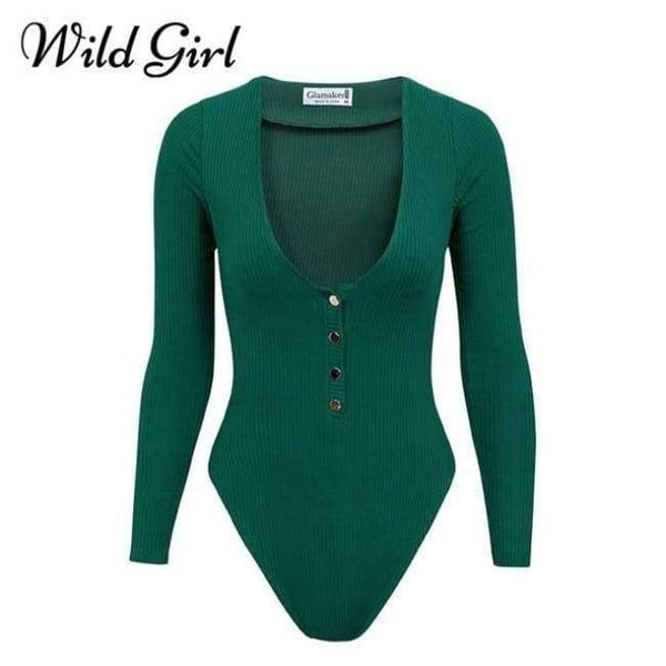Planet Gates Green / S Knitted sexy bodycon bodysuit Women jumpsuit romper button fitness short Holiday long sleeve winter slim bodysuit 2018