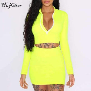 Planet Gates Green / S Long sleeve high neck zipper bodycon crop tops mini skirt 2 pieces sets 2018 autumn winter women fashion solid set