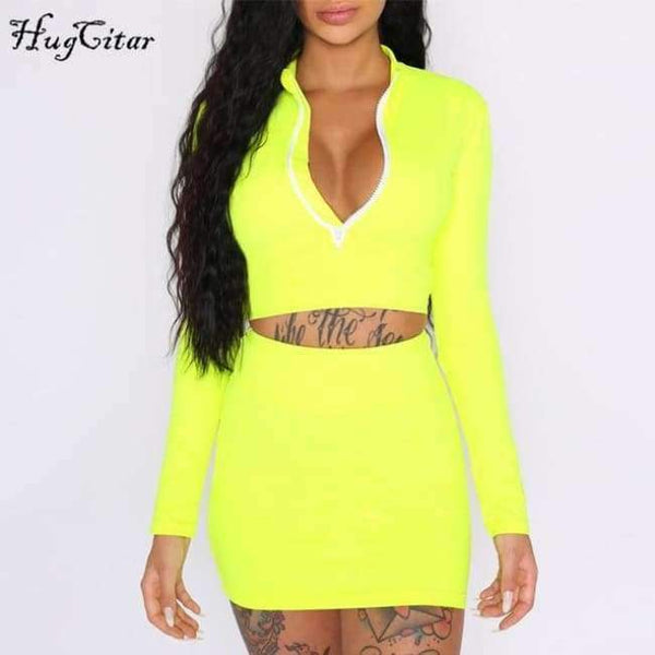 Planet Gates Green / S Long sleeve high neck zipper bodycon crop tops mini skirt 2 pieces sets 2018 autumn winter women fashion solid set