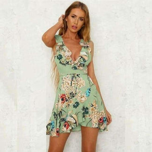 Planet Gates Green / S Maxfresh Summer Dress 2018 Women Sexy Flower Print Dresses Hem Folds Bohemian Style Belt Mini Ruffle Beach Dress
