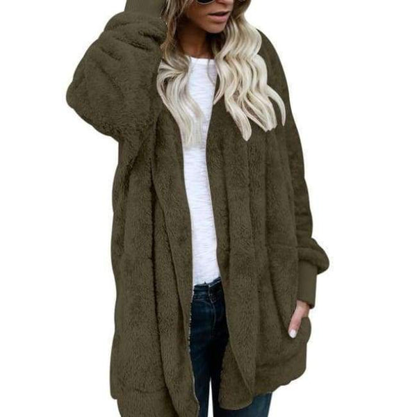 Planet Gates Green / S New Year Spring Faux Fur Teddy Bear Coat Jacket Women Fashion Open Stitch Hooded Coat Female Long Sleeve Fuzzy Jacket