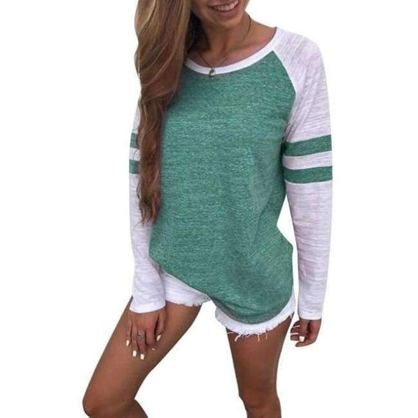 Planet Gates Green / S Women Striped Splicing Baseball Tshirt 2018 Spring Autumn O Neck Long Sleeve Top Tees All Matched T Shirt Plus Size 5XL