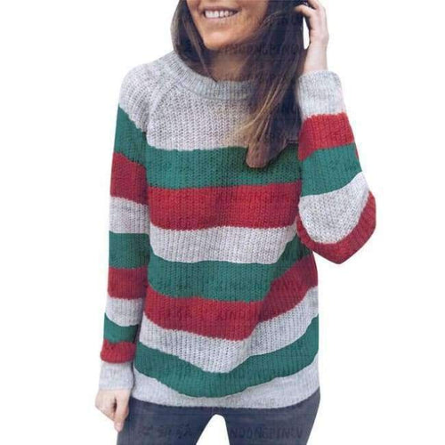 Planet Gates Green / S Women Sweater Knitted O Neck Pink White Striped Contrast Color Pullover Casual Sweaters Female SWA1555