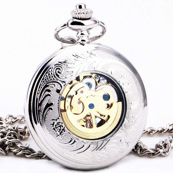 Planet Gates Green Stainless-steel Unisex Baroque Women Automatic Mechanical Pocket Watch Hollowed Lid Chain Luxury Fob Watches