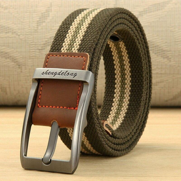 Fashion Striped Men's Belt High-quality Encrypted Canvas Hard Metal Steel Buckle Belt For Men Leather Closure Sports Belt