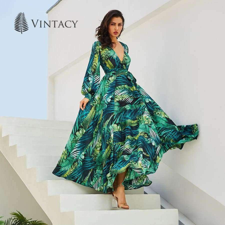 Planet Gates green-Thick chiffon / S Vintacy Long Sleeve Dress Green Tropical Beach Vintage Maxi Dresses Boho Casual V Neck Belt Lace Up Tunic Draped Plus Size Dress