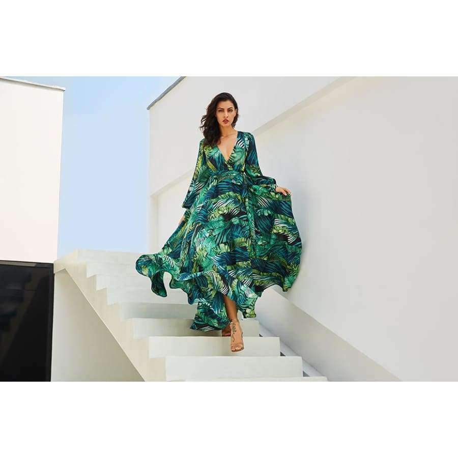 Planet Gates green-Thick chiffon / S Vintacy Long Sleeve Dress Green Tropical Beach Vintage Maxi Dresses Boho Casual V Neck Belt Lace Up Tunic Draped Plus Size Dress