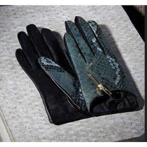 Planet Gates Green Touch / S Fioretto Women Fashion Snake Leather Gloves Punk Ladies Driving Gloves Metal Zipper Black Leopard Embossed Winter Warm Mittens