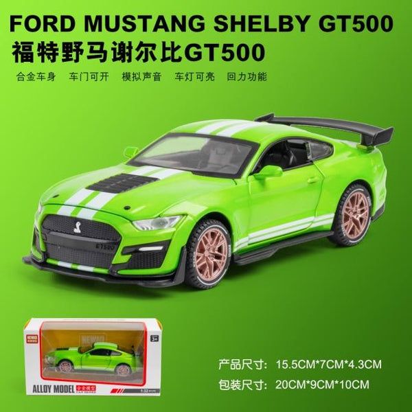 Planet Gates Green with box 1/32 Simulation Ford Mustang Shelby GT500 Model Car Boy Alloy Sound and Light Pull Back Boy Toy Car Gift Collection Decoration