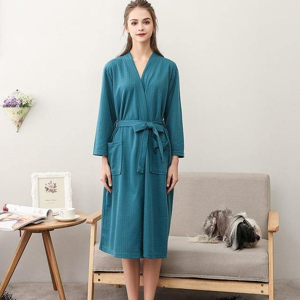 Planet Gates Green Women / M Unisex Men Women Sleeve Solid Waffle Sleep Lounge Bathrobe Nightgown Lovers Robes