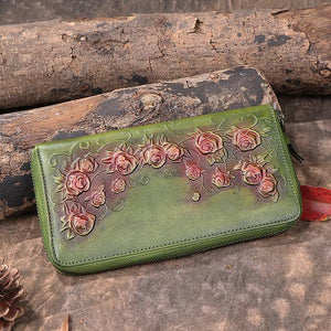 Planet Gates Green Women's wallet Retro flowers female long zipper wallets real genuine leather handbag card holder coins purses phone bag
