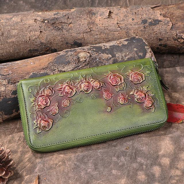 Planet Gates Green Women's wallet Retro flowers female long zipper wallets real genuine leather handbag card holder coins purses phone bag