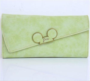 Planet Gates Green Women Wallets Faux Leather Long Section Hasp Purse Mickey Head Oblique Cover Type Three Fold Clutch Coin Pocket Card Holder