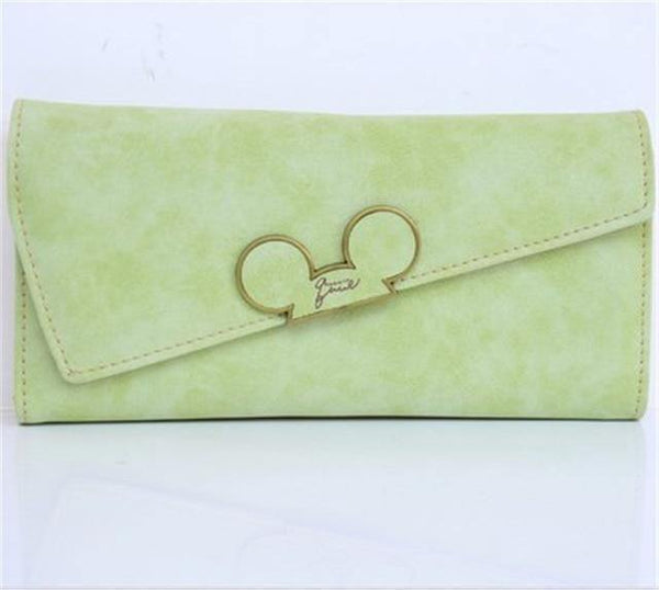 Planet Gates Green Women Wallets Faux Leather Long Section Hasp Purse Mickey Head Oblique Cover Type Three Fold Clutch Coin Pocket Card Holder