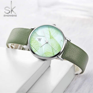 Planet Gates Green Women Watch Green Dial Slim Leather Strap Quartz Wristwatches Simple Design Ultra Thin Case Zegarek Damski