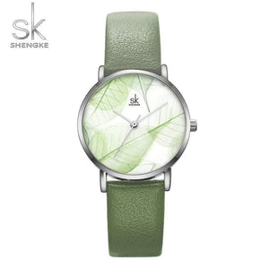 Planet Gates Green Women Watch Green Dial Slim Leather Strap Quartz Wristwatches Simple Design Ultra Thin Case Zegarek Damski
