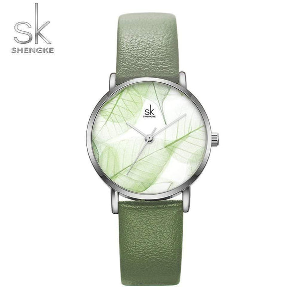 Planet Gates Green Women Watch Green Dial Slim Leather Strap Quartz Wristwatches Simple Design Ultra Thin Case Zegarek Damski