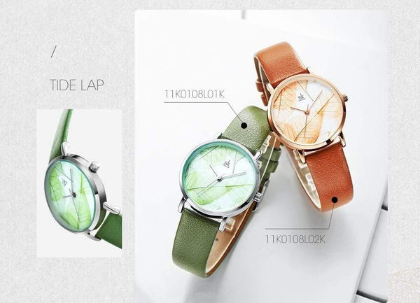 Planet Gates Green Women Watch Green Dial Slim Leather Strap Quartz Wristwatches Simple Design Ultra Thin Case Zegarek Damski