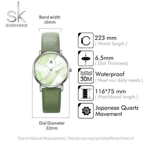 Planet Gates Green Women Watch Green Dial Slim Leather Strap Quartz Wristwatches Simple Design Ultra Thin Case Zegarek Damski