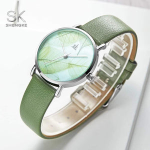 Planet Gates Green Women Watch Green Dial Slim Leather Strap Quartz Wristwatches Simple Design Ultra Thin Case Zegarek Damski