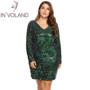 Planet Gates Green / XL / China IN'VOLAND Women's  Dress Plus Size Sexy Deep V-Neck Long Sleeve Sequined Bodycon Cocktail Club Sheath Loose Ladies Dresses