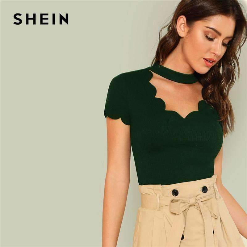 Planet Gates Green / XS Green Elegant Mock Neck Scallop Trim Tee Cut Out V Collar Solid Tee Summer Women Weekend Casual T-shirt Top