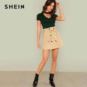 Planet Gates Green / XS Green Elegant Mock Neck Scallop Trim Tee Cut Out V Collar Solid Tee Summer Women Weekend Casual T-shirt Top