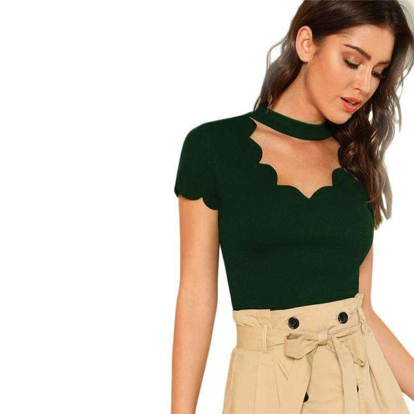 Planet Gates Green / XS Green Elegant Mock Neck Scallop Trim Tee Cut Out V Collar Solid Tee Summer Women Weekend Casual T-shirt Top