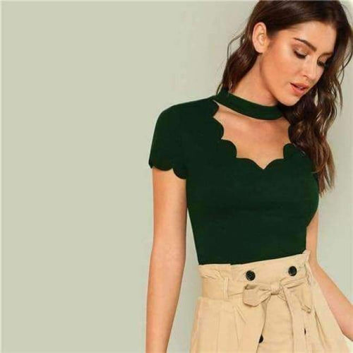 Planet Gates Green / XS Green Elegant Mock Neck Scallop Trim Tee Cut Out V Collar Solid Tee Summer Women Weekend Casual T-shirt Top