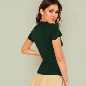Green Elegant Mock Neck Scallop Trim Tee Cut Out V Collar Solid Tee Summer Women Weekend Casual T-shirt Top