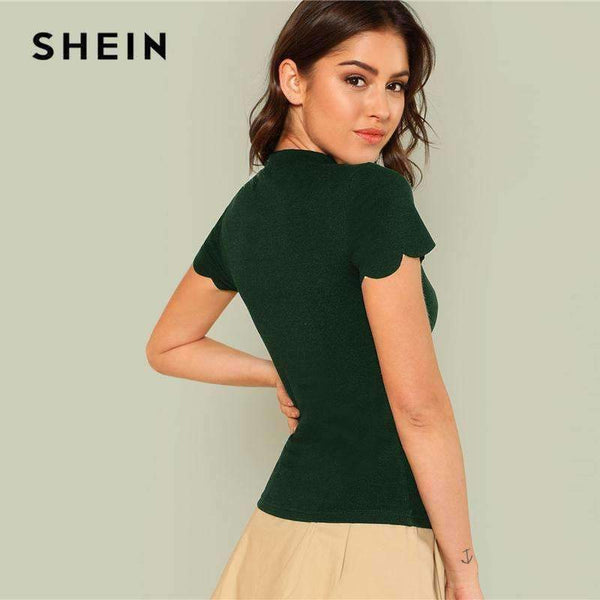 Planet Gates Green / XS Green Elegant Mock Neck Scallop Trim Tee Cut Out V Collar Solid Tee Summer Women Weekend Casual T-shirt Top