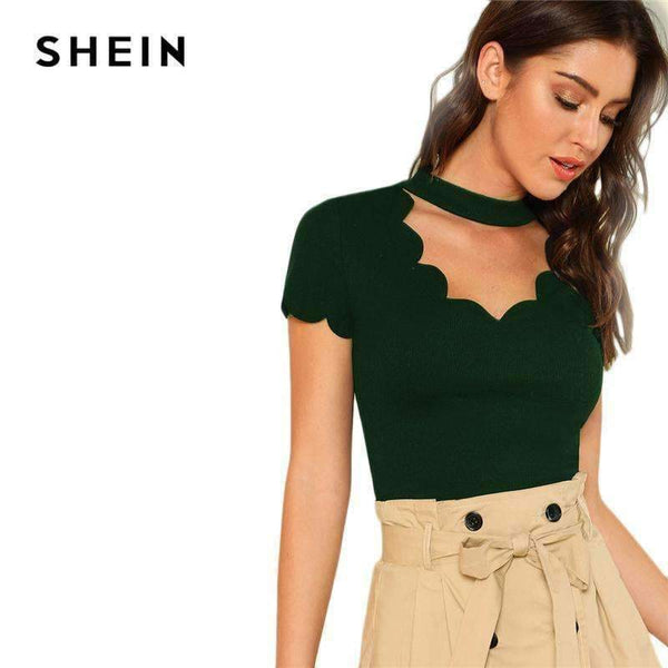 Planet Gates Green / XS Green Elegant Mock Neck Scallop Trim Tee Cut Out V Collar Solid Tee Summer Women Weekend Casual T-shirt Top