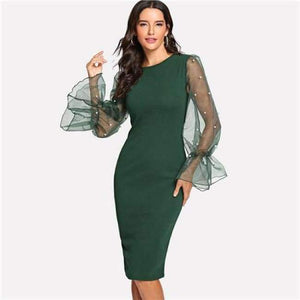 Planet Gates Green / XS Pearl Beaded Mesh Sleeve Dress Women Knee Length Regular Fit Bodycon Dress 2018 Summer Elegant Party Dress