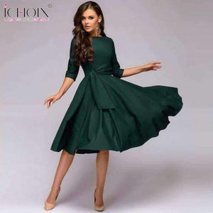Planet Gates green / XXL Women dresses 2018 solid a line dress elegant office slim party dress sashes vestidos de festa women clothing robe