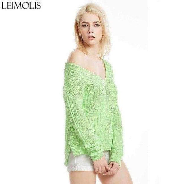 Planet Gates green ZJ015 / S Autumn Knitted Sexy Off Shoulder Sweater Women Gray Harajuku Streetwear Pullover V Neck Casual Jumper Winter Clothes