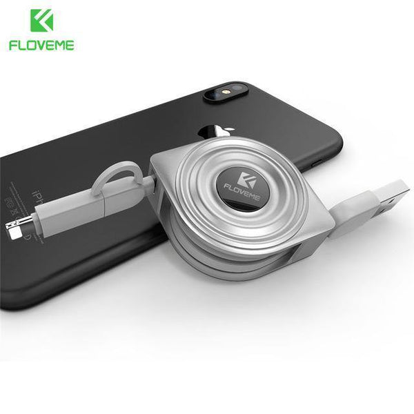 Planet Gates Grey / 1m FLOVEME 2 in 1 USB Cable + Micro USB Cables Retractable Mobile Phone Charger for iPhone X 8 7 6 iPad Air 1M for Xiaomi Cabos