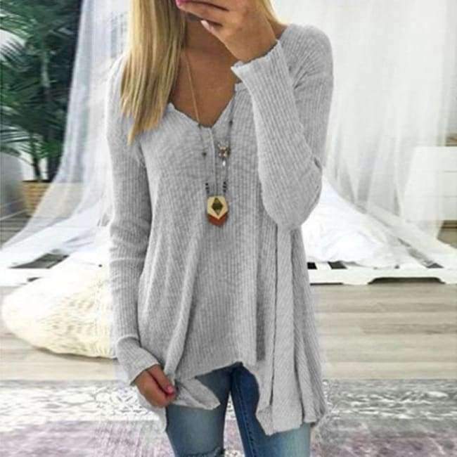 Planet Gates Grey / 4XL T-shirts Casual Knitted Sweater Pullover Long Sleeve Women Tops Sexy V Neck T-shirts Femme Tee Shirts WS3536E