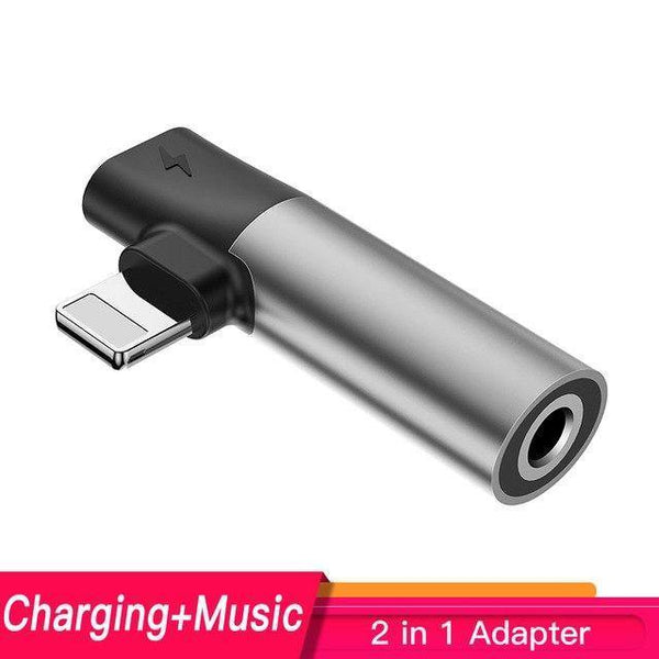 Planet Gates Grey Baseus 2 in 1 Audio Adapter for iPhone Xs Max XR Xs X 8 Converter to 3.5mm Aux Jack Earphone Splitter Extension Charging Adapter
