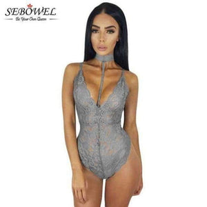 Planet Gates Grey bodysuit / L / China Elegant Floral Red Lace Bodysuit Women Backless Deep V Neck Sexy Bodysuit Bodycon Halter Sleeveless Jumpsuit Romper