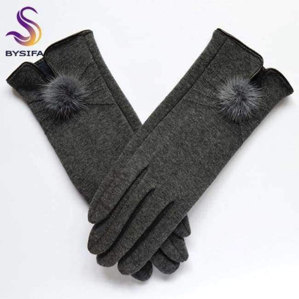 Planet Gates grey [BYSIFA] Women Mink ball Wool Gloves Fashion Opening Design Winter Ladies Gloves New Trendy Elegant Soft Black Mittens Gloves