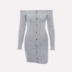 Planet Gates Grey Dress / L Muximux 2018 Winter Women Knitted Dresses Autumn Sexy Bodycon Off Shoulder Long Sleeve Mini Dress For Women Female Vestido
