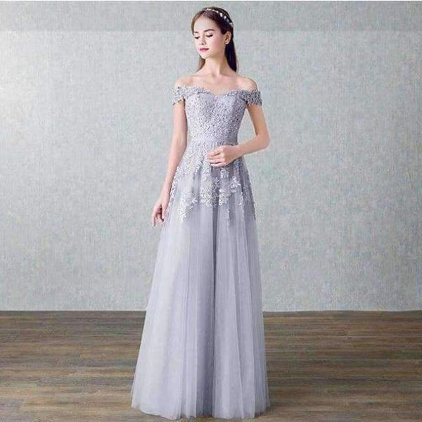 Planet Gates grey long / 6 Boat Neck Beading with Appliques Long Evening Dresses Elegant Lace vestido de festa Banquet Party Prom dresses