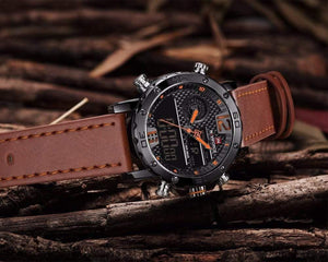 Planet Gates Grey Mens Watches Top Brand Luxury Original Sports Watch Men Leather 30M Waterproof Miliary Dual Display Wristwatch Clock