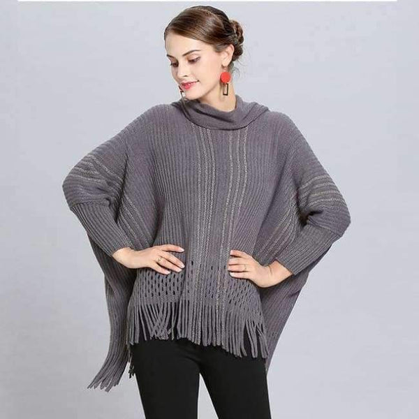 Planet Gates grey / One Size Winter Women V Neck Batwing Stripes Fringed Stitching Irregular Tops Poncho Shawl Cape Sweater Blusas Femininas