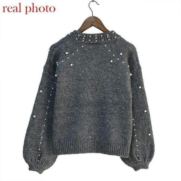 Planet Gates grey / S Autumn winter 2018 women sweaters and pullovers bead lantern sleeve knitted sweater pullover female grey slim jumpers